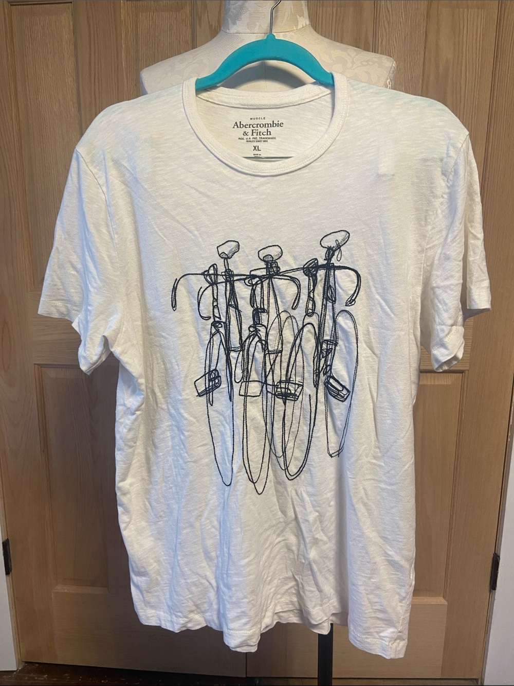 Abercrombie & Fitch White Short-Sleeve Tee with Black Embroidered Bicycle Sketch